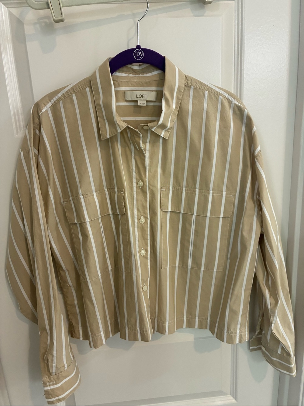 LOFT Beige and White Vertical Stripe Button-Down Shirt